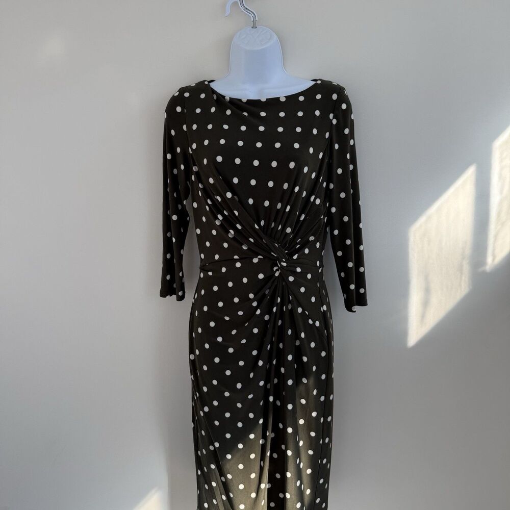 Ralph Lauren Olive Green and White Polka Dot Faux Wrap Front Knee Length Size 6